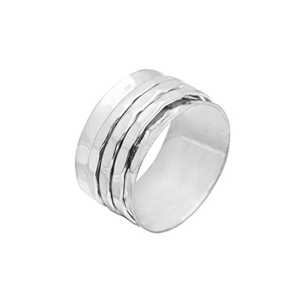 Spinner Ring Silver For Women Girls, 925 Sterling Silver Spinner, Spin, Three Tone Fidget Band, Classic Hammered Meditaion, Christmas Size us