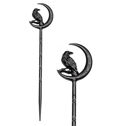 2PCS Viking Raven Hair Sticks – Moon Hair Pins for Women | Black Viking Hair Accessories with Raven Moon Design for Long Hair, Buns, Updos, Renaissance Festival, Halloween & Cosplay