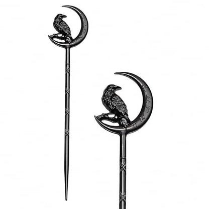 2PCS Viking Raven Hair Sticks – Moon Hair Pins for Women | Black Viking Hair Accessories with Raven Moon Design for Long Hair, Buns, Updos, Renaissance Festival, Halloween & Cosplay