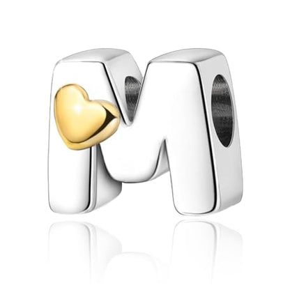 Two-Tone Gold Heart S925 Silver Letter Charm Fits Pandora Bracelet Necklace | Initial Bead Two-Tone Gold Heart, DIY European Bracelet Accessory, Gift for Ladies Birthday Anniversary Valentine - style: M