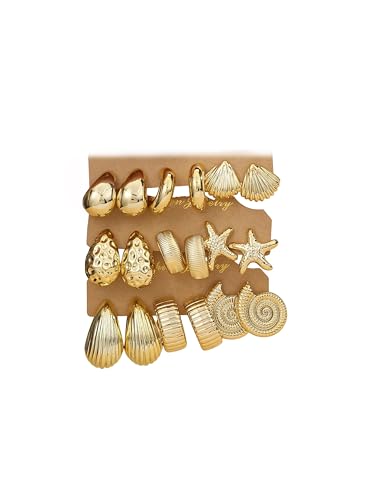 12 Pairs Chunky Gold Hoop Earrings for Women Trendy, Gold Plated Lightweight Hypoallergenic Stack, Thick Open Twisted Huggie Hoops Earring Set - color: 9 Pairs Gold Chunky