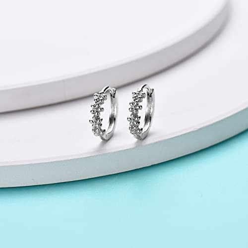 Sterling Silver Hoop Earrings for Women, Dainty Small Huggie Hoop Earrings | Hypoallergenic Daisy Color Cubic Zirconia Flower Hoops Earring Jewellery Gifts for Ladies Birthday Wedding, 12mm Hoop - color: Silver