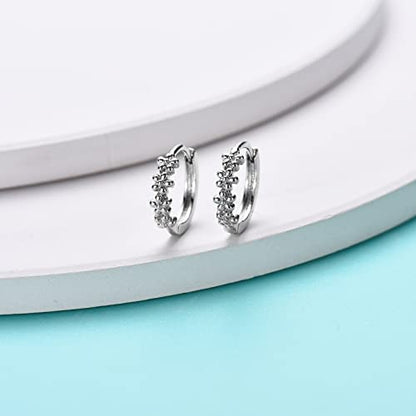 Sterling Silver Hoop Earrings for Women, Dainty Small Huggie Hoop Earrings | Hypoallergenic Daisy Color Cubic Zirconia Flower Hoops Earring Jewellery Gifts for Ladies Birthday Wedding, 12mm Hoop - color: Silver