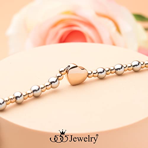 555Jewelry Stainless Steel Beads & Puffed Heart Charm Bracelet for Women & Ladies - color: Silver/Rose Gold