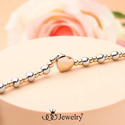 555Jewelry Stainless Steel Beads & Puffed Heart Charm Bracelet for Women & Ladies - color: Silver/Rose Gold