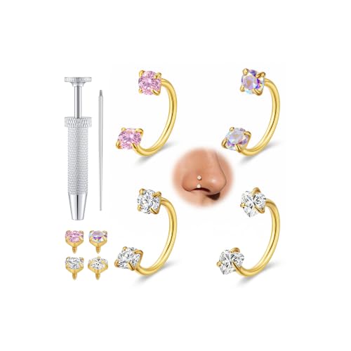 Turandoss 4 Pairs Horseshoe Nose Rings for Women | 20G 18G Double Gem Horseshoe Nose Ring for Women, Surgical Steel Septum Cartilage Helix Tragus Labret Lip Piercing - color: 4pcs-18g-gold