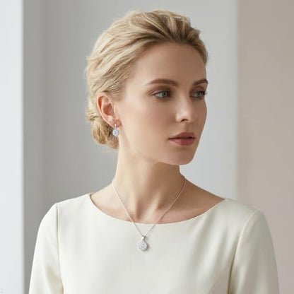 CZ Necklace and Stud Earrings Set for Women, 2PCS | Cubic Zirconia, Matching Jewelry Set, Dainty Sparkling, Daily Wear - color: 1CT+5CT Sunburst Huggie Set