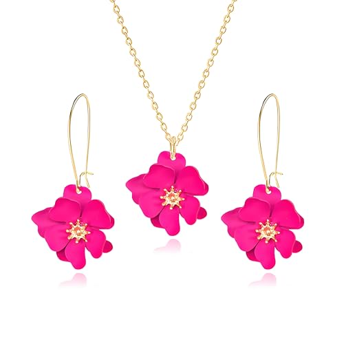 WCRAZYE Bohemian Daisy Flower Earrings Necklace Sets for Women Unique Trendy Boho Matte 3D Gold Flower Floral Petal Statement Earring Wedding Jewelry - color: Rose Red