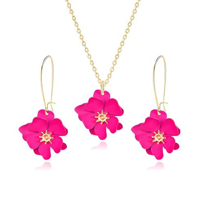 WCRAZYE Bohemian Daisy Flower Earrings Necklace Sets for Women Unique Trendy Boho Matte 3D Gold Flower Floral Petal Statement Earring Wedding Jewelry - color: Rose Red