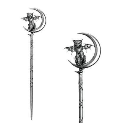 2PCS Retro Moon Crescent Cat Hair Sticks – Gothic Hair Pins for Women, Perfect for Halloween & Thick Hair Styling (QHZB) - color: QHZB