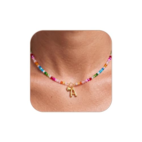 Initial Necklace for Women Colorful Beaded Necklaces Initial Heart Bubble Letter Necklace Summer Necklace Jewelry Gift - color: A'