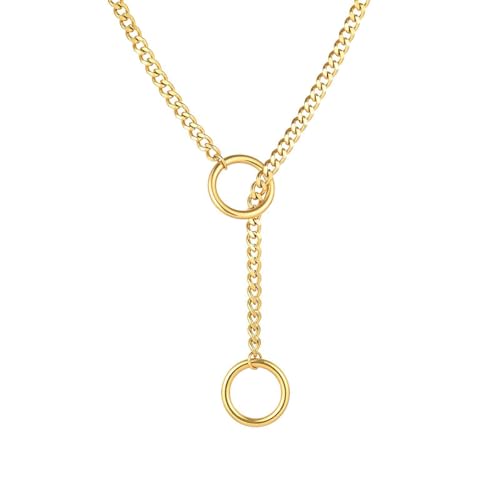 Heart O Ring Slip Chain Necklaces for Women and Men Stainless Steel Long Cuban Chain Bar Necklace Punk Rock Collar Necklaces Handmade Adjustable Lariat Y Necklace - color: Gold Ring