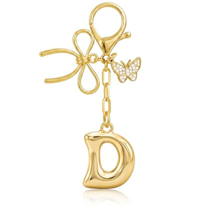 Gold Bubble Heart, Cherry, Bow & More Designs Letter Initial Keychain Bag Charms – Cute Purse Charms for Handbags - color: Bow & Butterfly, style: D