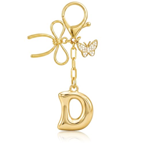 Gold Bubble Heart, Cherry, Bow & More Designs Letter Initial Keychain Bag Charms – Cute Purse Charms for Handbags - color: Bow & Butterfly, style: D