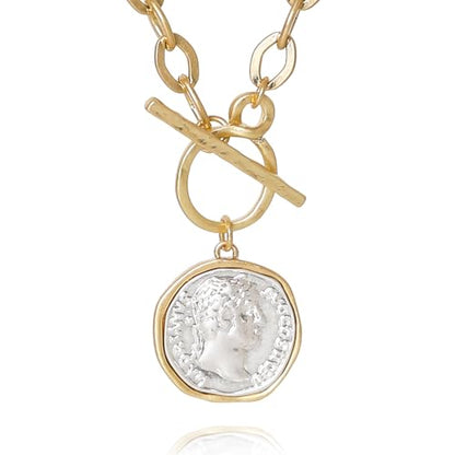 MISS SECRET Chunky Gold Necklaces for Women Coin Statement Necklace Antique Silver and Gold Chain Thick Toggle Pendant Trendy Fashion Jewelry - style: Worn Gold & Sliver-M