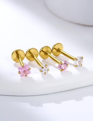 20G 18G 16G 14K Gold Filled Threadless Flat Back Earrings Studs Surgical Stainless Steel Opal CZ Nose Rings Studs Tragus Helix Conch Cartilage Earrings Piercing Jewelry For Women Men Silver - color: 14K Gold Filled, size: 18 Gauge-6MM Bar