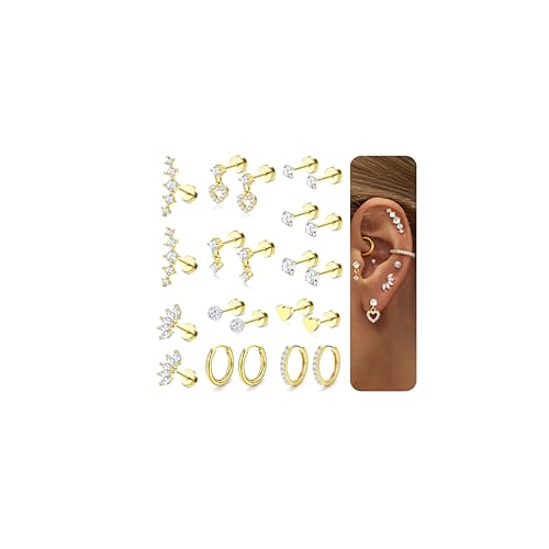 LOLIAS Flat Back Earrings for Women,20G Conch Tragus Helix Piercing Jewelry | Hypoallergenic Cartilage Earring Stacks,Surgical Stainless Steel Earrings for Sensitive Ears,Flatback Stud,Hoop,Earring Set - color: 14K Gold Plated
