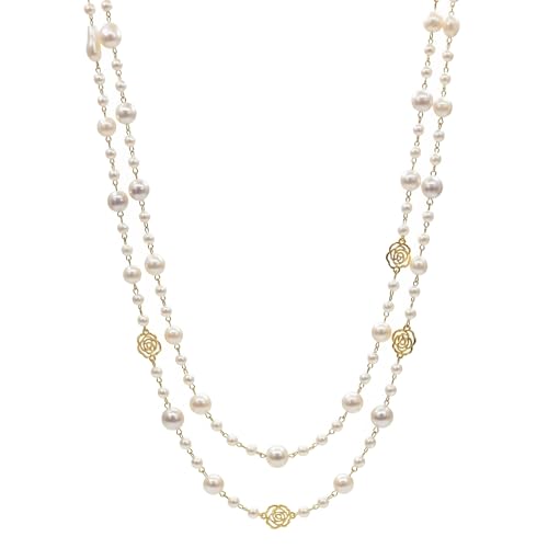 Long Pearl Necklace for Women, Layered Faux Pearl Station Necklace, Gold Tone Double Strand for Wedding Guest Looks and Evening Styling - color: Golden Hollow-out Rose
