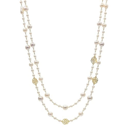 Long Pearl Necklace for Women, Layered Faux Pearl Station Necklace, Gold Tone Double Strand for Wedding Guest Looks and Evening Styling - color: Golden Hollow-out Rose