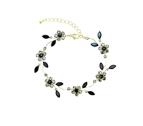 Faship Gorgeous Rhinestone Crystal Floral Necklace Earrings Set - color: Black / gold plated / Matching Bracelet