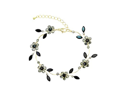 Faship Gorgeous Rhinestone Crystal Floral Necklace Earrings Set - color: Black / gold plated / Matching Bracelet