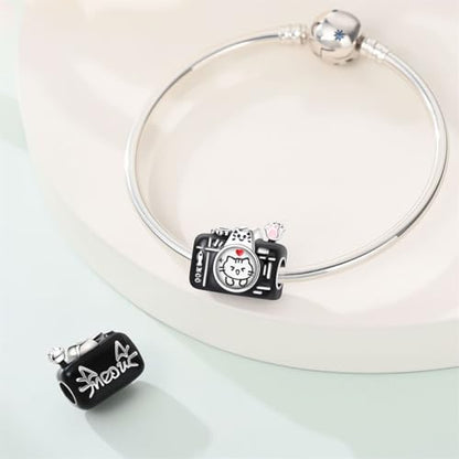 925 Sterling Silver Bead Charm for Pandora Bracelets and Necklaces,Pink Bow Cherry Butterfly Blue Ocean Pendant Bead Charms Jewelry Present Valentines Gifts for Wife/Girlfriend Women - style: Cat Camera Charm