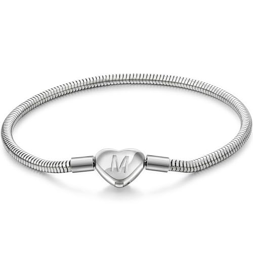 Initial Bracelet Heart Clasp Stainless Steel Snake Chain Alphabet Letter Charm Gift for Women Mom Girlfriend Wife - style: M