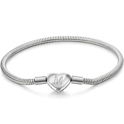 Initial Bracelet Heart Clasp Stainless Steel Snake Chain Alphabet Letter Charm Gift for Women Mom Girlfriend Wife - style: M