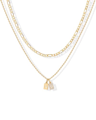 PAVOI Initial Necklace for Women, 14K Gold Plated Double Dog Tag CZ Pendant | Dainty Necklace, Letter Tag Necklace, Cubic Zirconia Pendant, Box Chain Necklace - style: - U