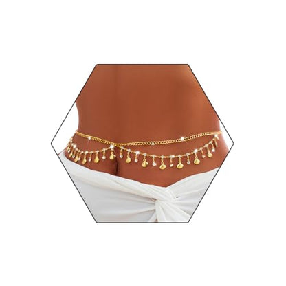 Florry Rhinestone Belly Chain Sequin Waist Chain Bikini Body Jewelry Chains Beach Belly Chain for the Waist Tassel Layered 18K Gold Body Chains for Women - color: Shell