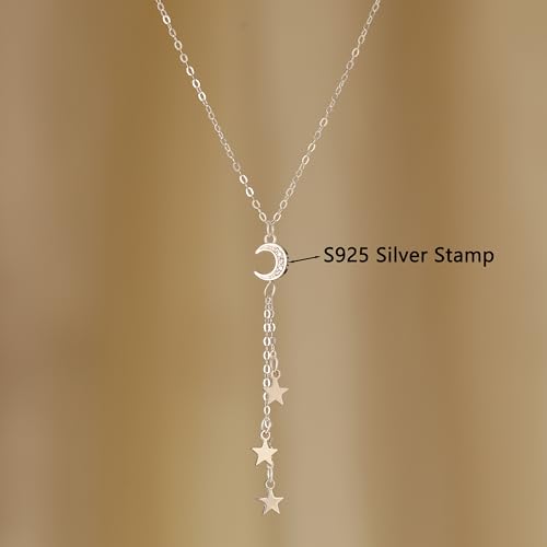 Dainty Crescent Moon Star Necklace for Women 925 Sterling Silver Y Shape Drop Lariat Necklace Trendy Pendant Choker Necklace Jewelry Birthday Ramadan Mothers Day Jewelry Gifts - color: Silver 2