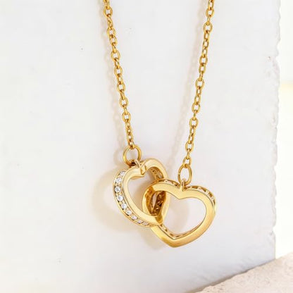 Titanium Steel Interlocking Double Heart Pendant Necklace for Women, 1 Piece 17"+2" Adjustable Hypoallergenic Dainty Rolo Chain, Minimalist Cubic Zirconia Love Choker Necklace - color: Gold