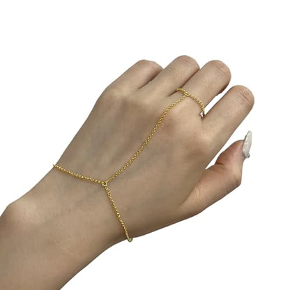 Kakikaki 925 Sterling Silver Finger Ring Bracelet Hand Chain for Women | Slave Bracelets 7" to 9" Adjustable - color: Gold, style: No Diamond