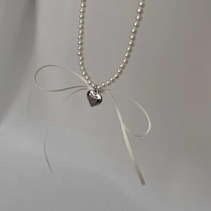 Pearl Ribbon Bow Choker Necklaces Y2k Coquette Necklace for Women - color: White