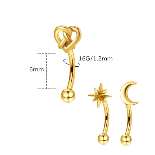 3Pcs Eyebrow Rings, 16G Threaded Gold Rook Earrings Piercing Jewelry for Women Men 316L Stainless Steel Lip Labret Barbells Ring - color: Gold, size: 16 gauge(1.2mm)-6mm