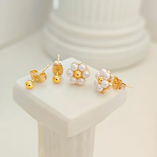 IMBOS Pearl Earrings 14k Gold Plated Daisy Flower Stud Earrings for Women Ball Stud Flat Back Earring Hypoallergenic Statement Earring Trendy Jewelry Gift for Women - color: Gold-Pearl Ball