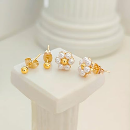 IMBOS Pearl Earrings 14k Gold Plated Daisy Flower Stud Earrings for Women Ball Stud Flat Back Earring Hypoallergenic Statement Earring Trendy Jewelry Gift for Women - color: Gold-Pearl Ball