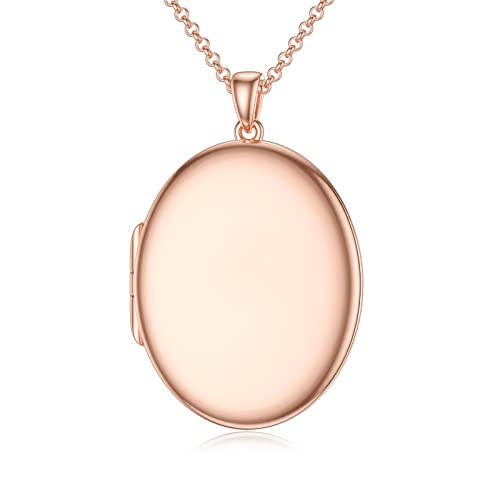SOULMEET 10K 14K 18K Solid White Gold/Silver Minimalist Style/Infinity Sunflower Heart/Oval Locket Necklace That Holds 1 or 2 Pictures Personalized Photo Locket Necklace Letters Engraving - style: E3-Rose gold oval locket only