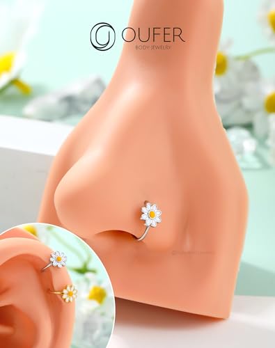 OUFER Nose Rings Hoops, 316L Surgical Steel Hinged Segment Nose Rings 20G, Silver Gold Nose Rings with Cute Daisy Design, Nose Nostril Piercing Jewelry for Women and Men - color: Silver