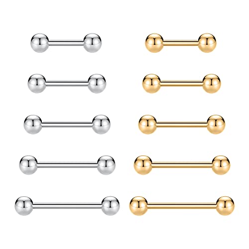 GAGABODY 5 Pairs Nipple & Tongue Rings - 14G Surgical Steel Screw Barbell - Straight, 12mm-20mm - color: Silver+Gold