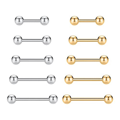 GAGABODY 5 Pairs Nipple & Tongue Rings - 14G Surgical Steel Screw Barbell - Straight, 12mm-20mm - color: Silver+Gold