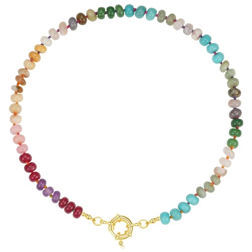 KissYan Beaded Gemstone Necklaces for Women | Colorful Bead Natural Stone Choker with 14K Gold Plated Spring Ring Clasp, Handmade Knot Jewelry for Summer Beach - color: A-Rainbow