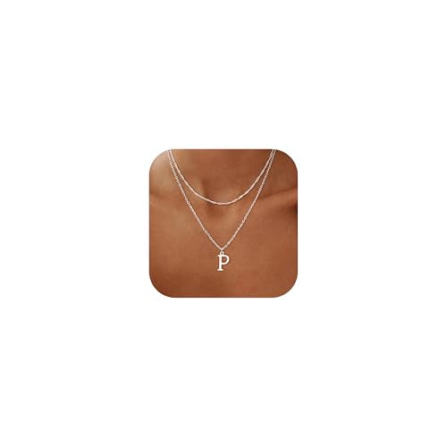 14K Gold Plated Initial Necklaces for Women Dainty Layered Letter Pendant Necklace Cute Choker Necklace Gift Trendy Stuff Personalized Jewelry Stack for Women Her - color: Silver, style: P