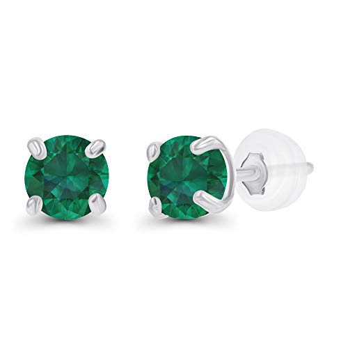 Solid 14K Gold 3mm Round Prong Set Hypoallergenic Genuine Petite Birthstone Stud Earrings - color: Emerald Created