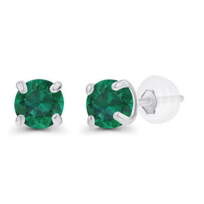 Solid 14K Gold 3mm Round Prong Set Hypoallergenic Genuine Petite Birthstone Stud Earrings - color: Emerald Created
