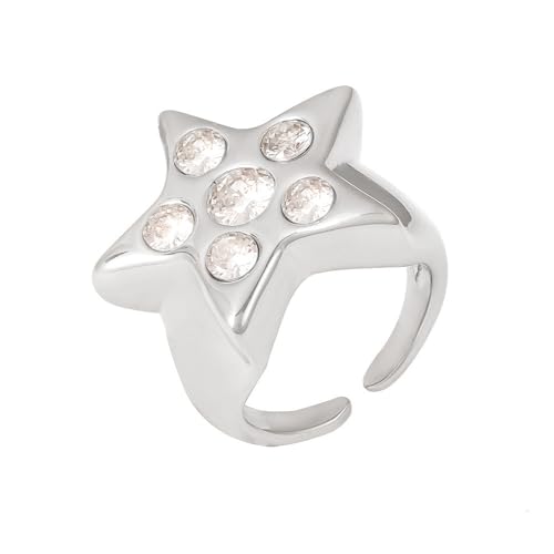 Y2K Rhinestone Large Star Open Band Statement Ring Punk Aesthetic for Women Men Stainless Steel Chunky Pentagram Gothic Grunge Stackable Finger Knuckle Rings Comfort Fit Fashion Jewelry Size 7 - color: Silver