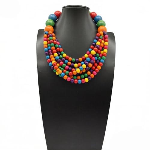 COLORFUL BLING Boho African Wooden Beaded Strands Necklace Ethnic Layered Chunky Collar Choker Wood Necklace for Women Hip Hop Statement Jewelry - color: colorful
