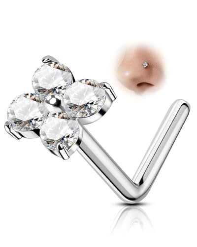 COCHARM Minimalist Titanium Nose Stud, 20g L Shape Flower Nose Ring Stud Cute G23 Titanium Surgical Steel Silver Nostril Piercing with Clear CZ Hypoallergenic - style: FourCZ-Silver