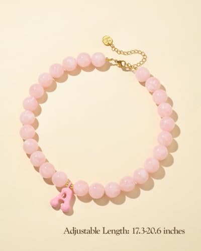DoDoBeads Chunky Colorful Beaded Initial Necklace, Bubble Letter Choker | Gift box and dust pouch included; waterproof and sweat-resistant with real gold plated stainless steel hardware - color: Pink-A