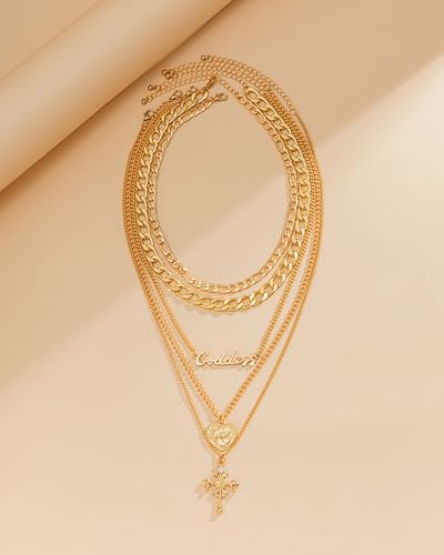 Gold Layered Necklaces for Women Chunky Layered Gold Necklaces Stacked Paperclip Chain Pearl Necklace Herringbone Toggle Clasp Choker Trendy Statement Jewelry Gifts - color: B1:gold layered necklaces
